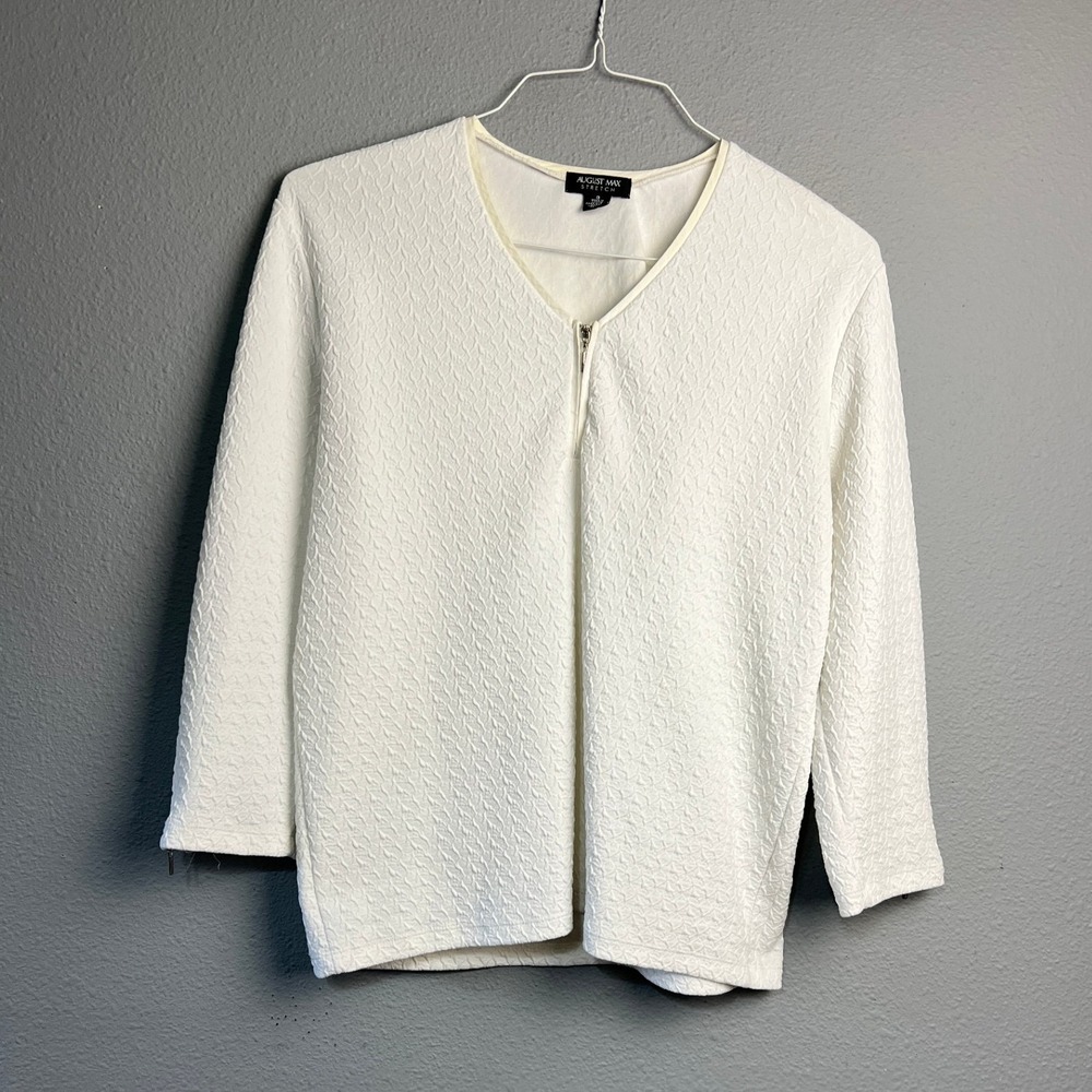 August Max Stretch White Textured Quarter Zip Top 3/4 Sleeve Zipper Cuffs Size 3